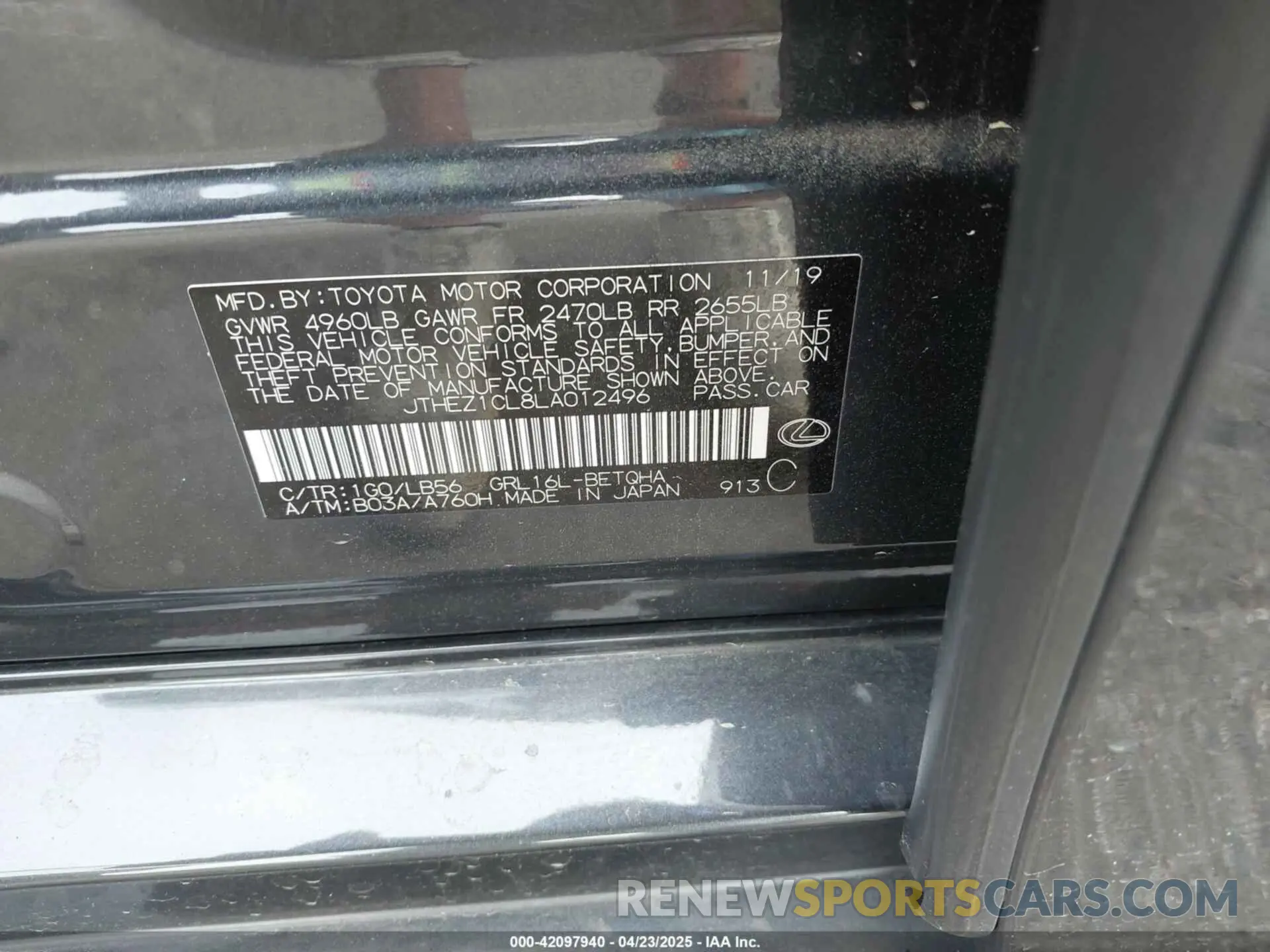 9 Фотография поврежденного автомобиля JTHEZ1CL8LA012496 LEXUS GS 350 2020