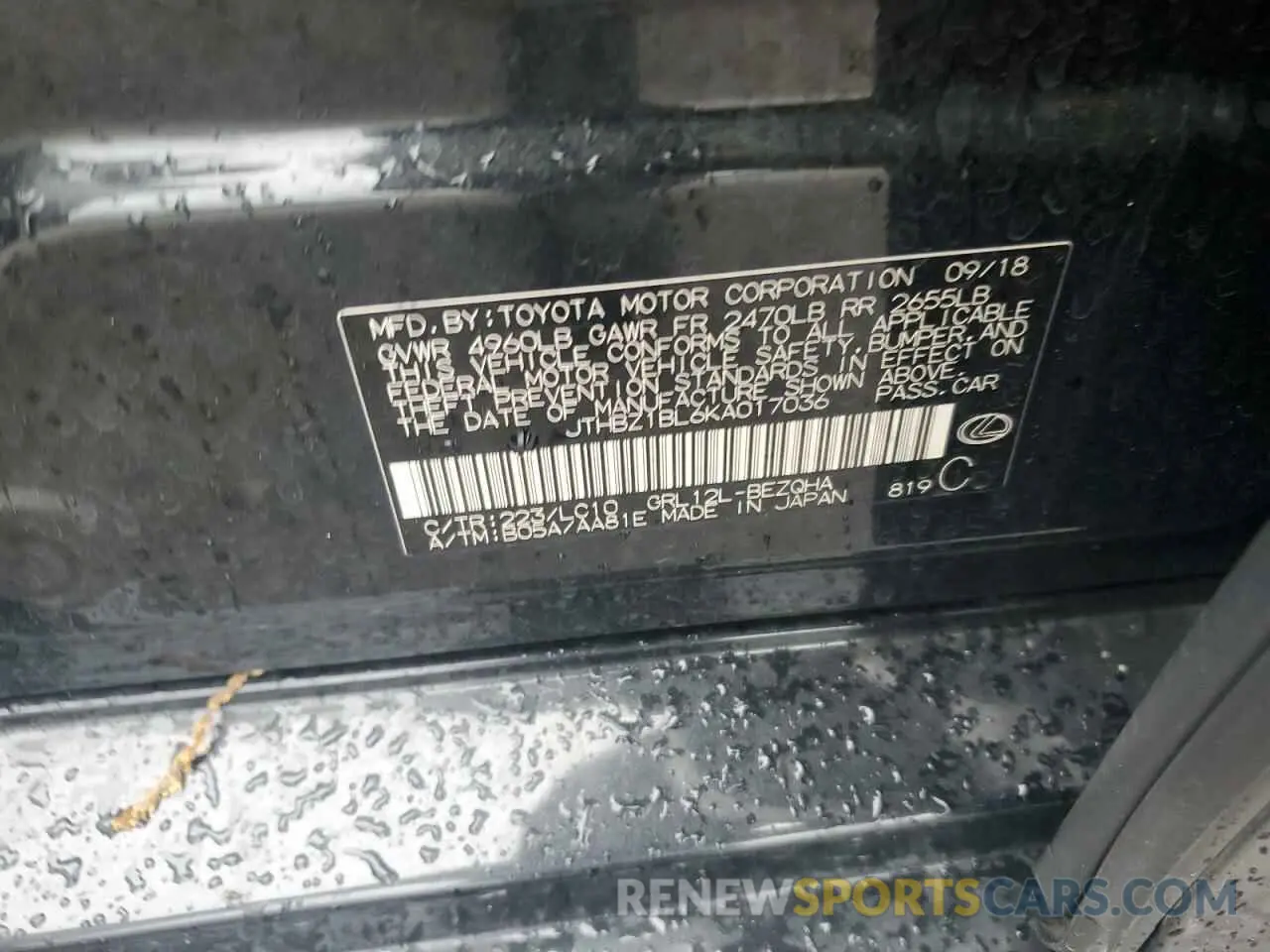 12 Photograph of a damaged car JTHBZ1BL6KA017036 LEXUS GS350 2019