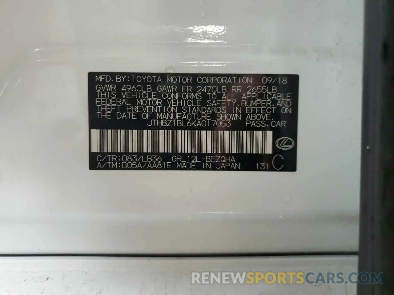 12 Photograph of a damaged car JTHBZ1BL6KA017053 LEXUS GS350 2019
