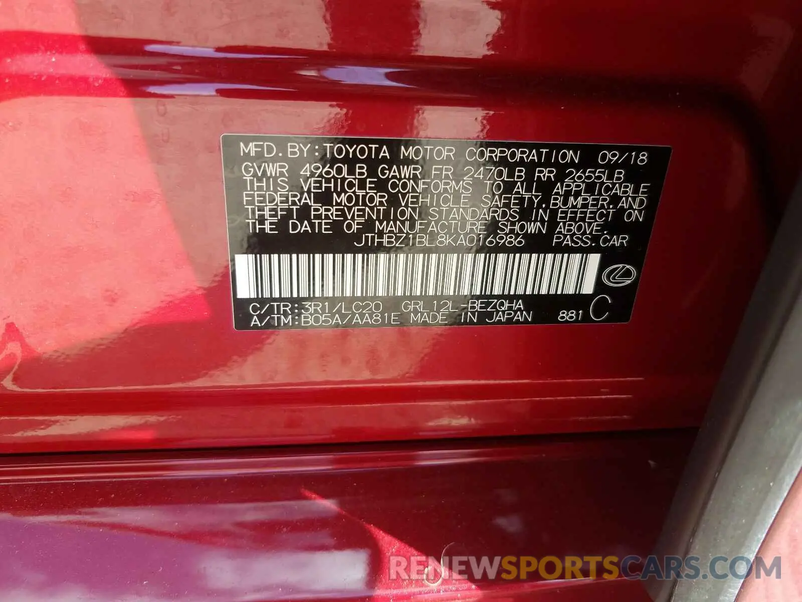10 Photograph of a damaged car JTHBZ1BL8KA016986 LEXUS GS350 2019