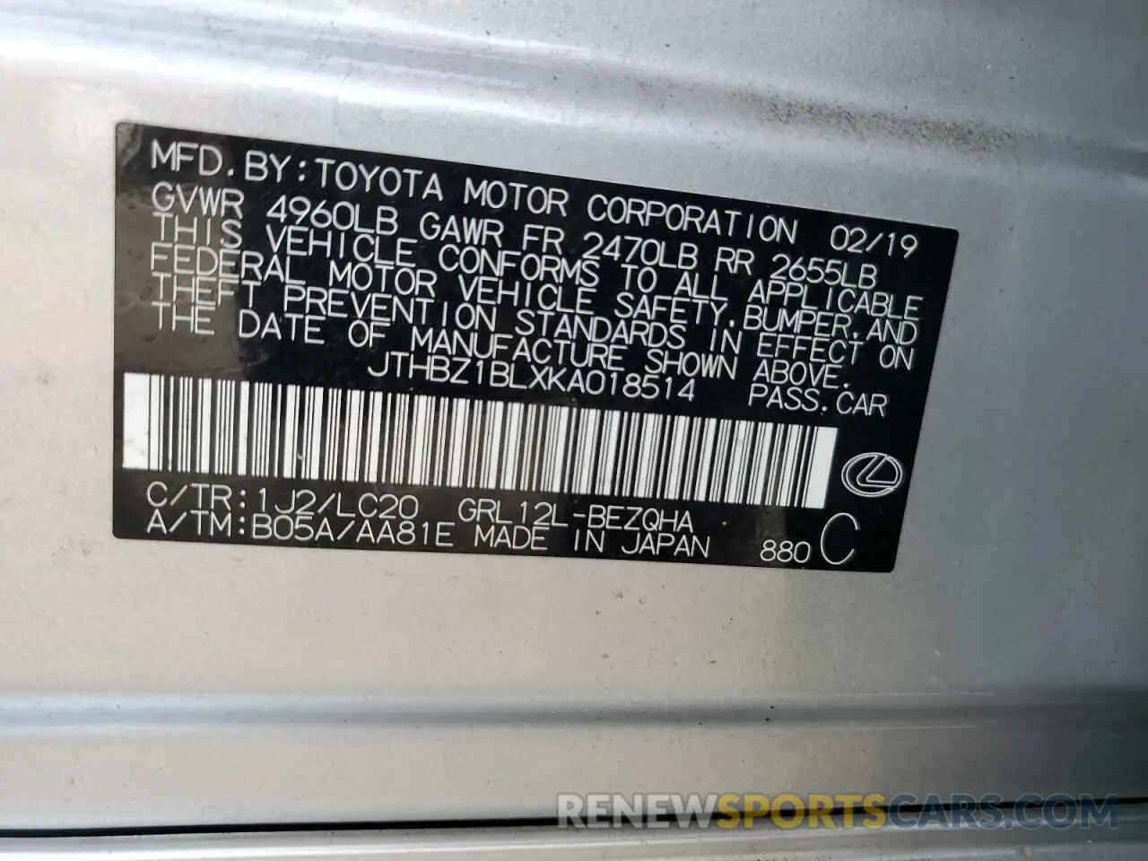 12 Photograph of a damaged car JTHBZ1BLXKA018514 LEXUS GS350 2019