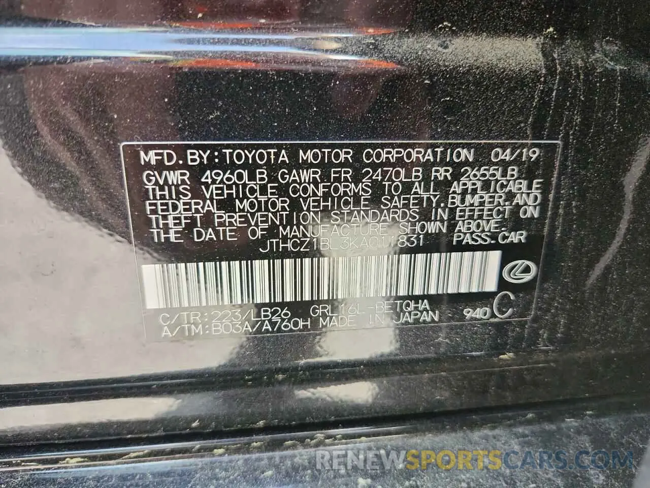12 Photograph of a damaged car JTHCZ1BL3KA011831 LEXUS GS350 2019