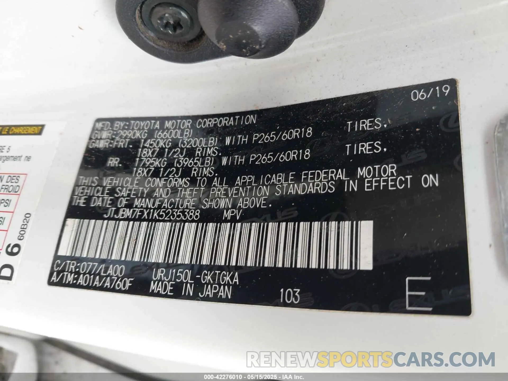 9 Photograph of a damaged car JTJBM7FX1K5235388 LEXUS GX 460 2019
