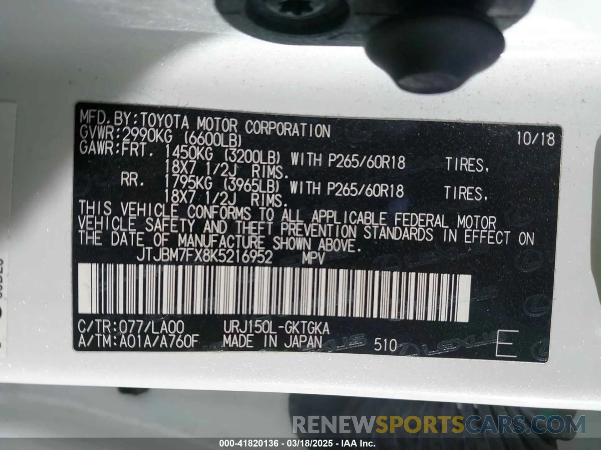 9 Фотография поврежденного автомобиля JTJBM7FX8K5216952 LEXUS GX 460 2019
