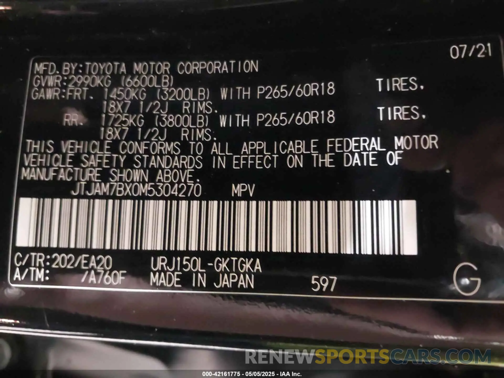 9 Фотография поврежденного автомобиля JTJAM7BX0M5304270 LEXUS GX 460 2021