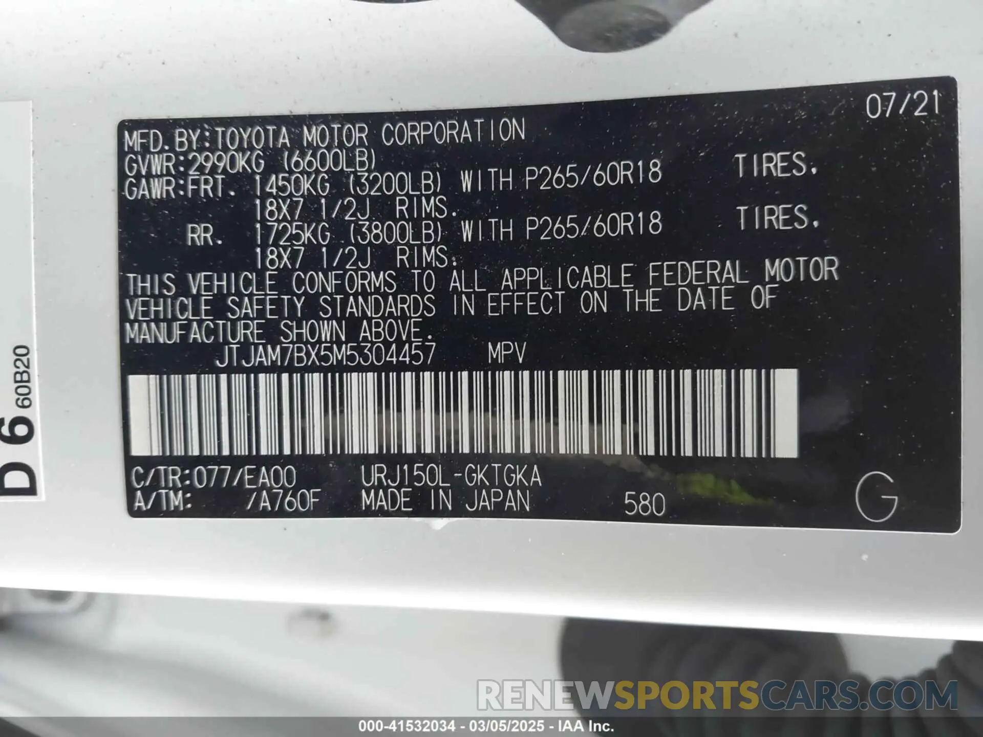 9 Фотография поврежденного автомобиля JTJAM7BX5M5304457 LEXUS GX 460 2021
