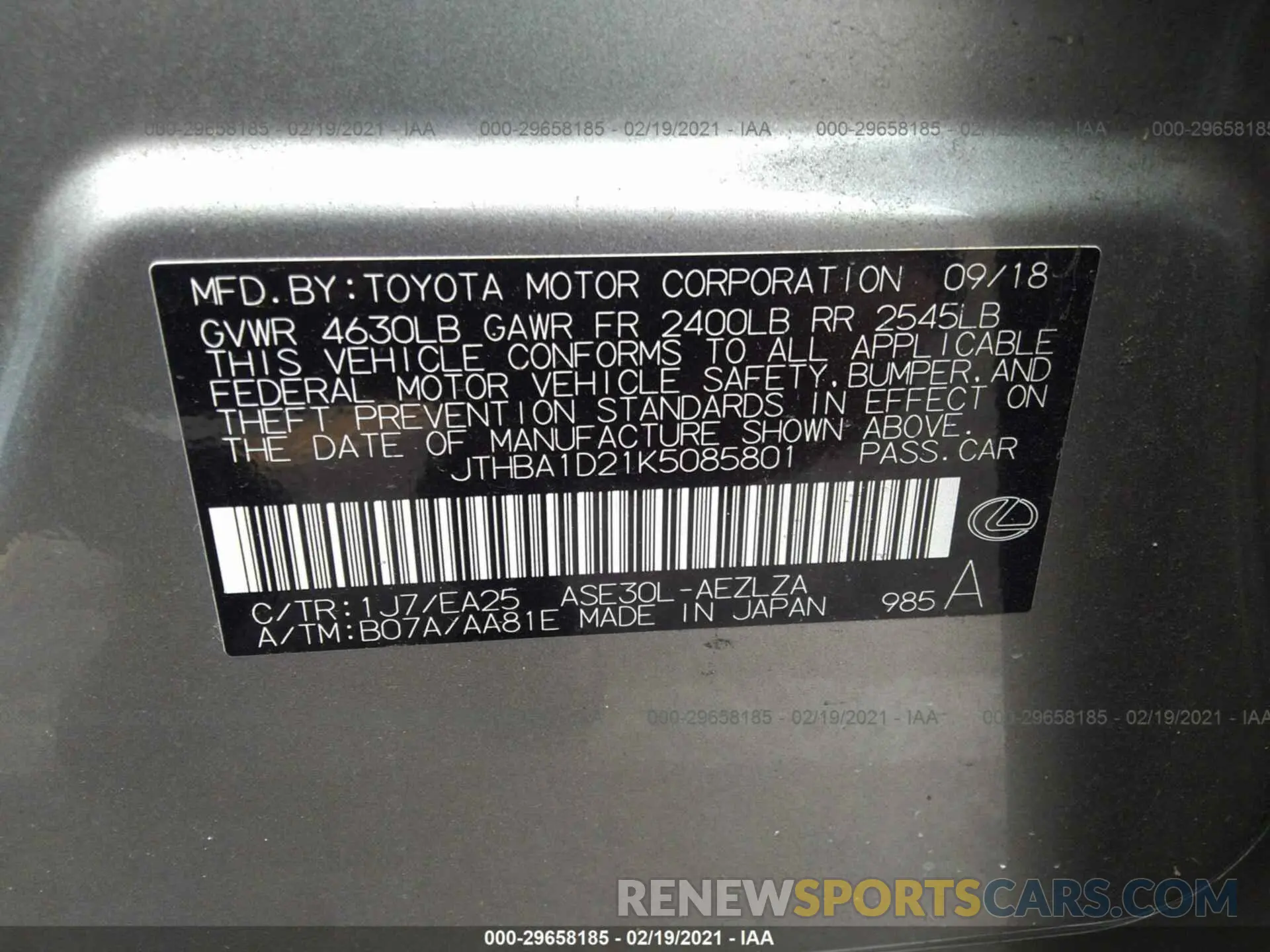 9 Photograph of a damaged car JTHBA1D21K5085801 LEXUS IS 2019