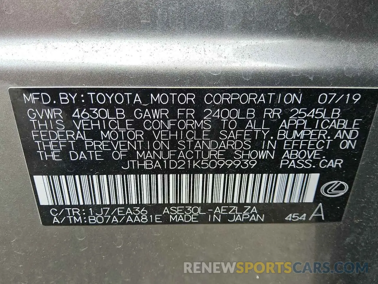 12 Фотография поврежденного автомобиля JTHBA1D21K5099939 LEXUS IS 2019