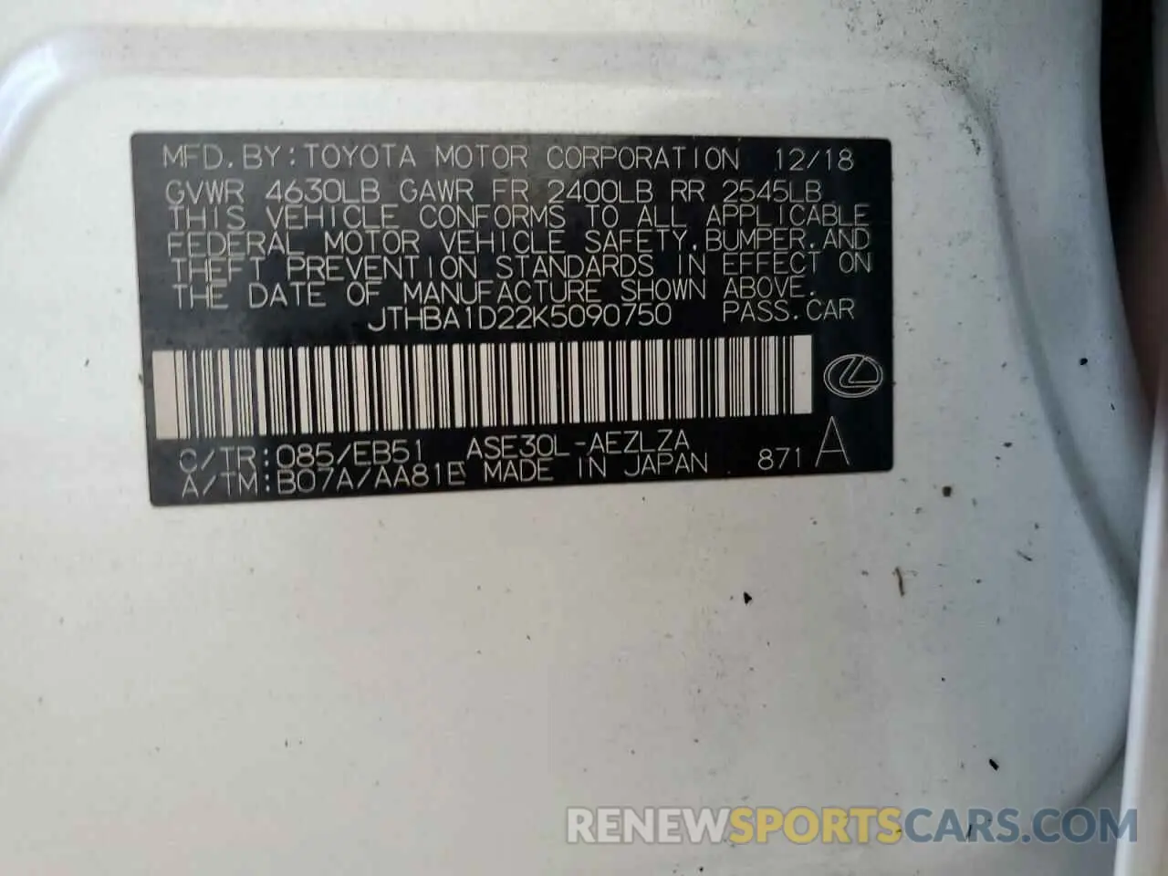 13 Photograph of a damaged car JTHBA1D22K5090750 LEXUS IS 2019