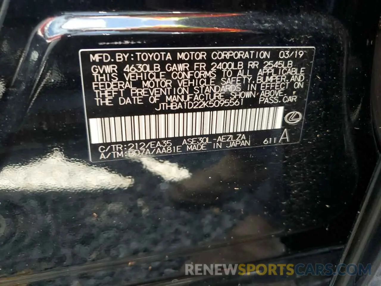 13 Photograph of a damaged car JTHBA1D22K5095561 LEXUS IS 2019
