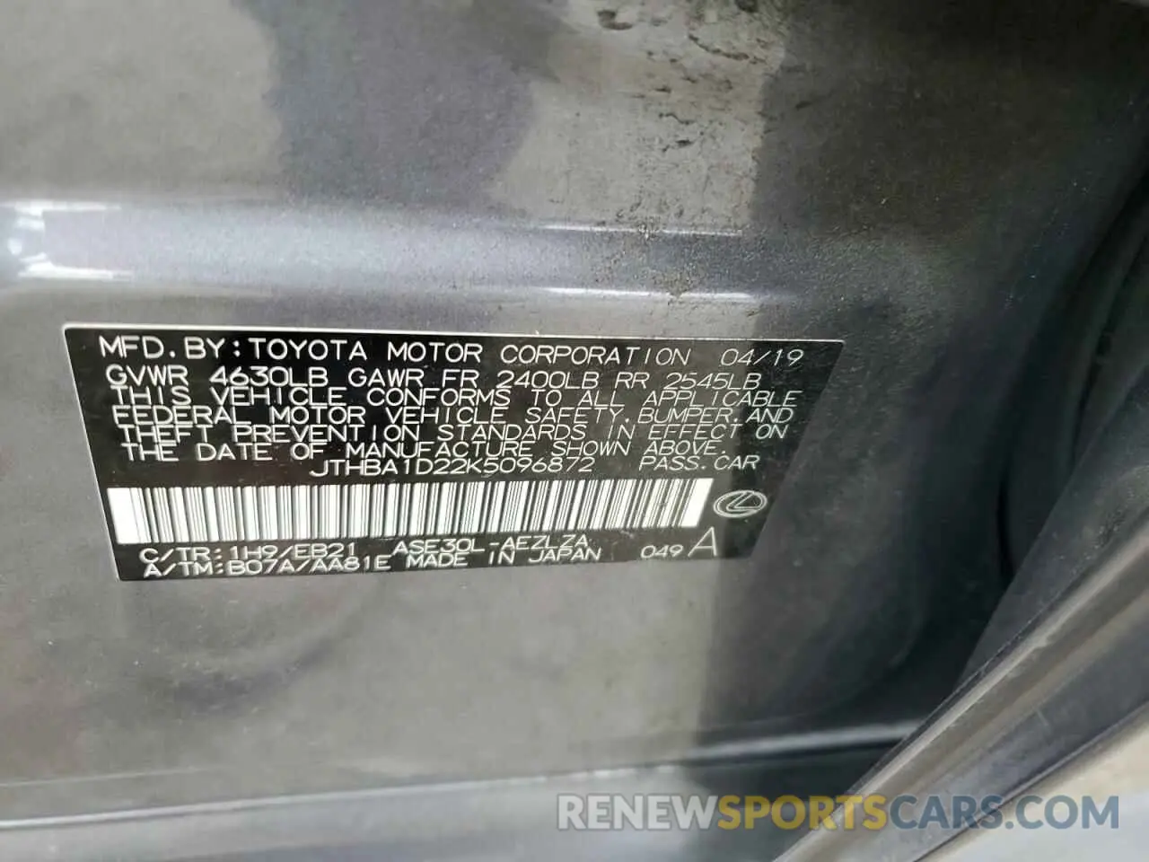 12 Photograph of a damaged car JTHBA1D22K5096872 LEXUS IS 2019