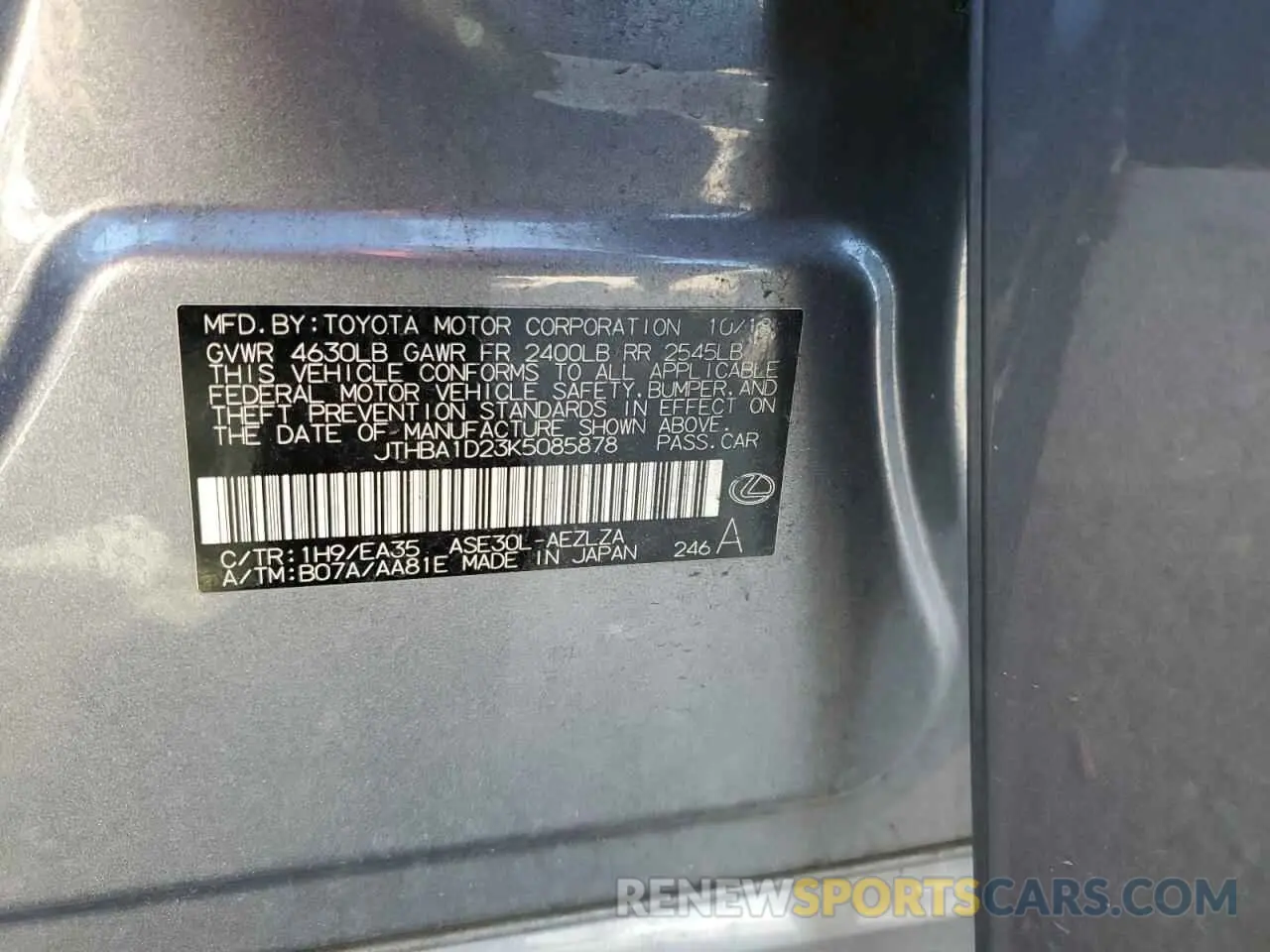 12 Фотография поврежденного автомобиля JTHBA1D23K5085878 LEXUS IS 2019