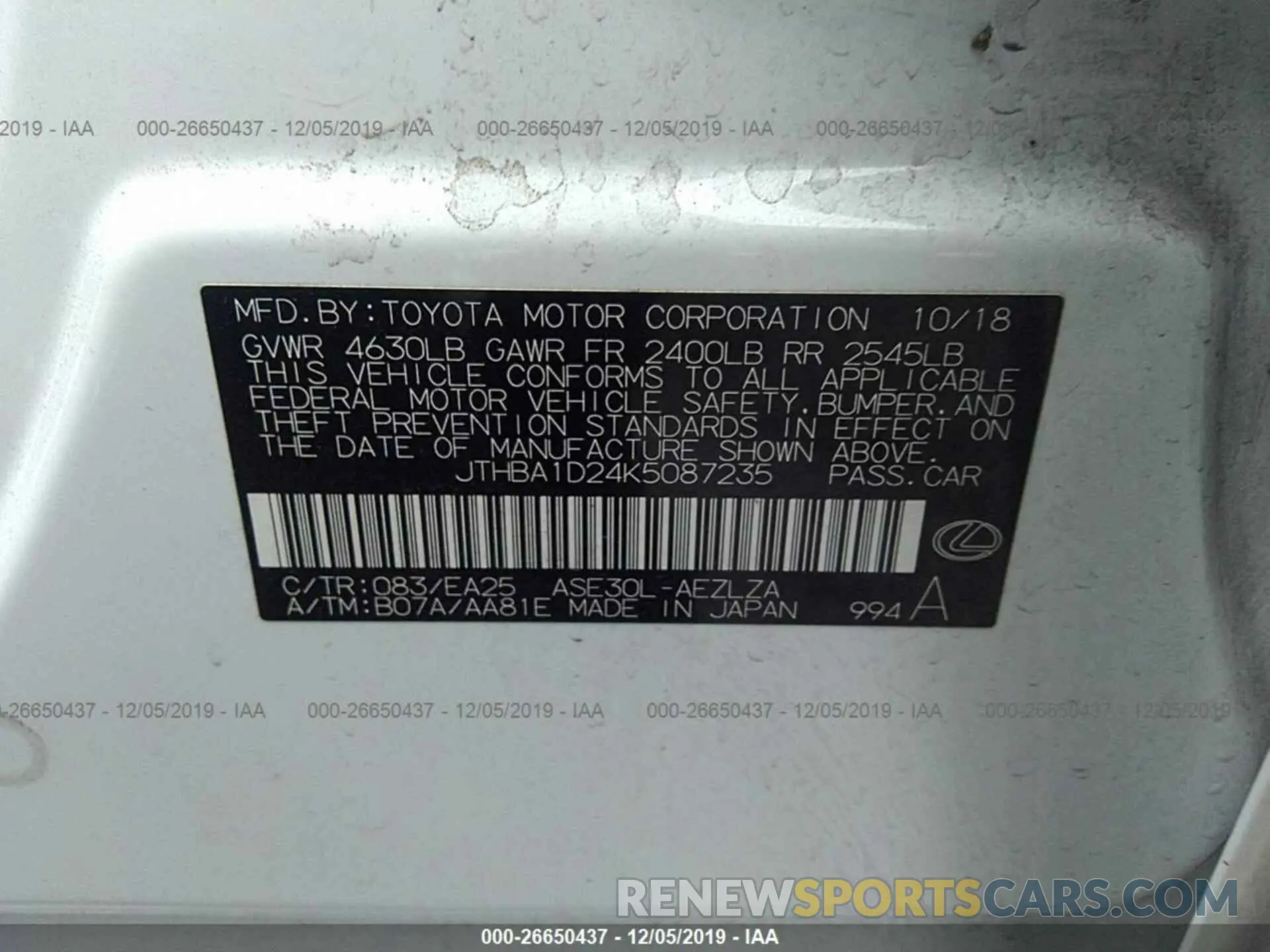 9 Photograph of a damaged car JTHBA1D24K5087235 LEXUS IS 2019