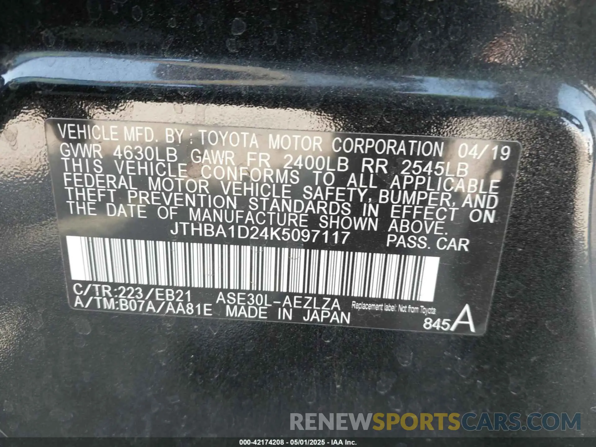 9 Фотография поврежденного автомобиля JTHBA1D24K5097117 LEXUS IS 2019