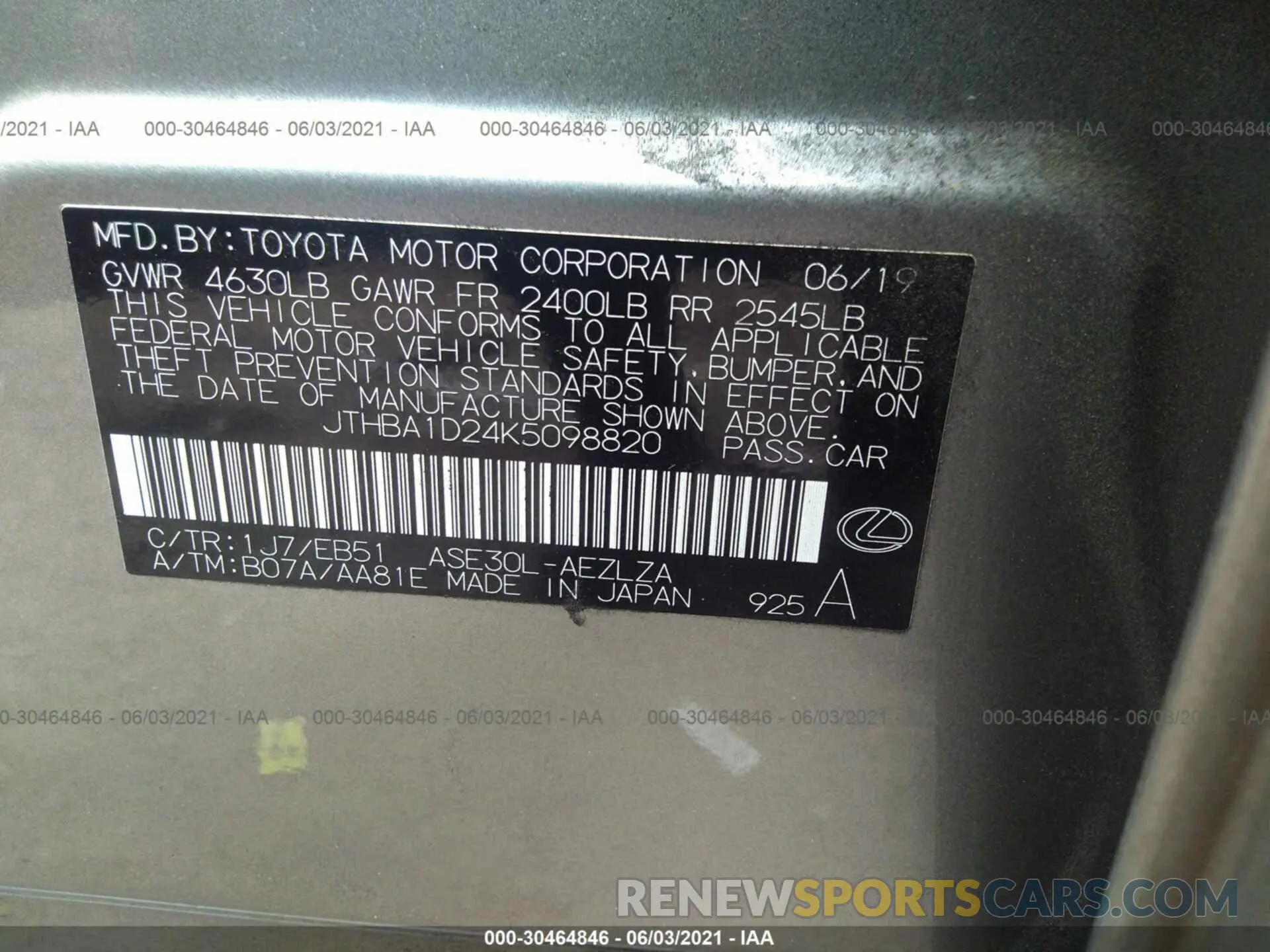 9 Фотография поврежденного автомобиля JTHBA1D24K5098820 LEXUS IS 2019