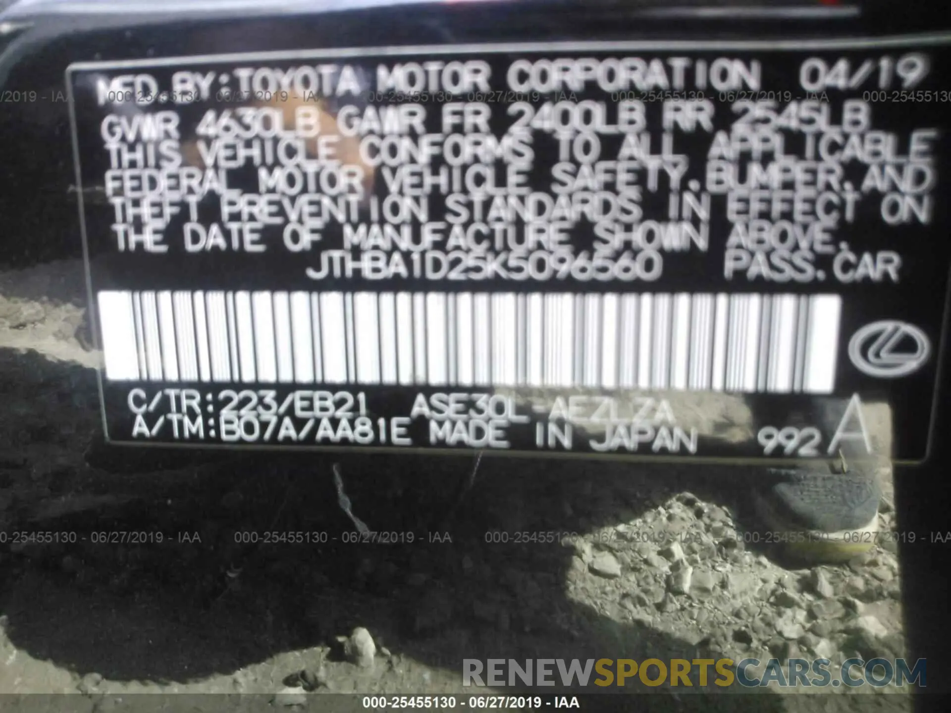 9 Photograph of a damaged car JTHBA1D25K5096560 LEXUS IS 2019