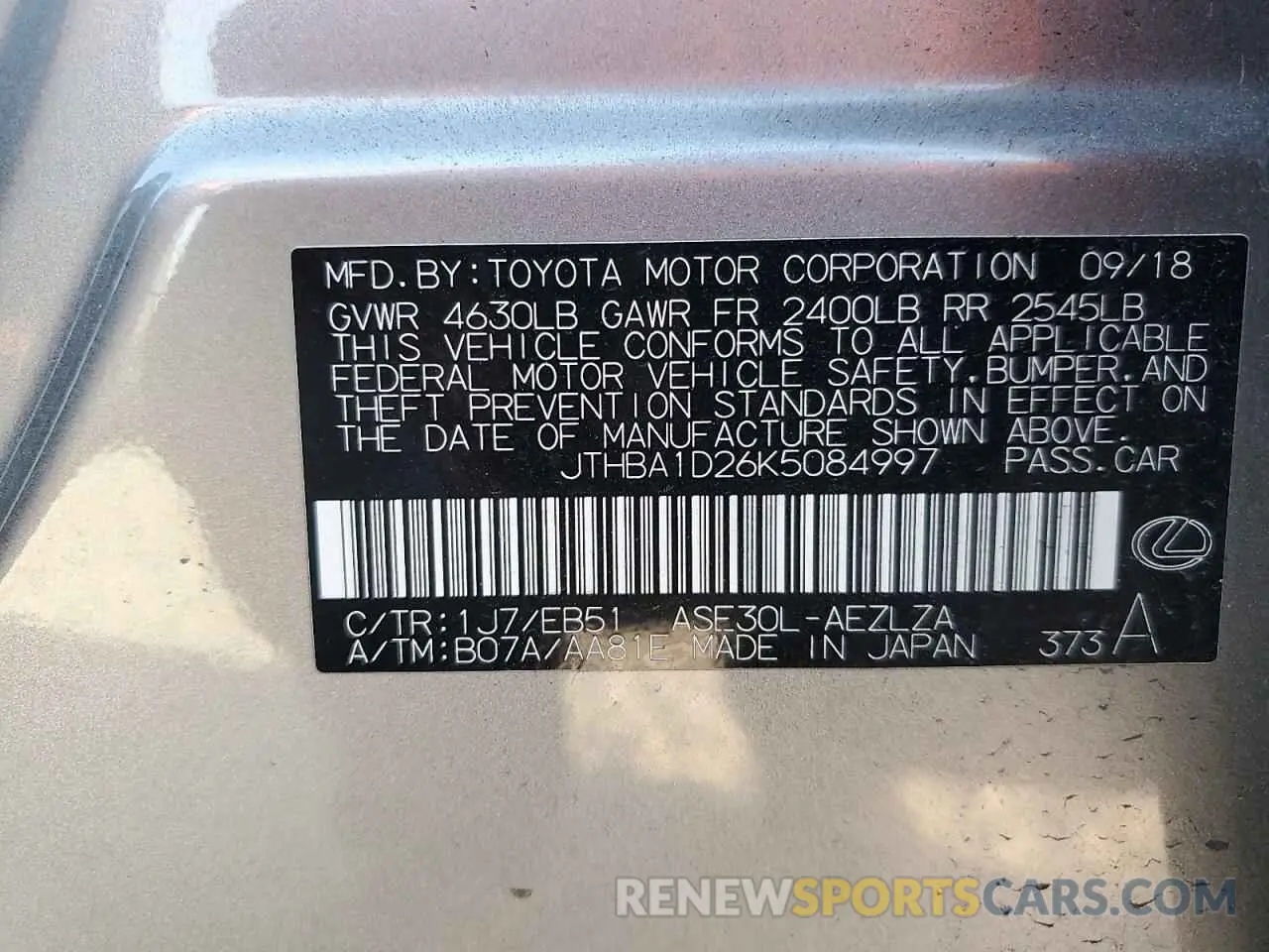 13 Photograph of a damaged car JTHBA1D26K5084997 LEXUS IS 2019