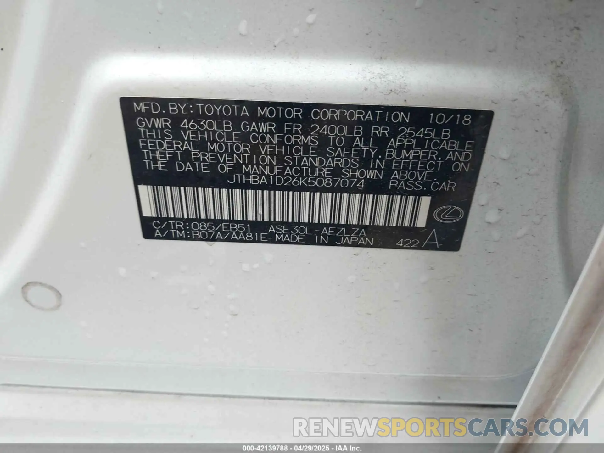 9 Photograph of a damaged car JTHBA1D26K5087074 LEXUS IS 2019