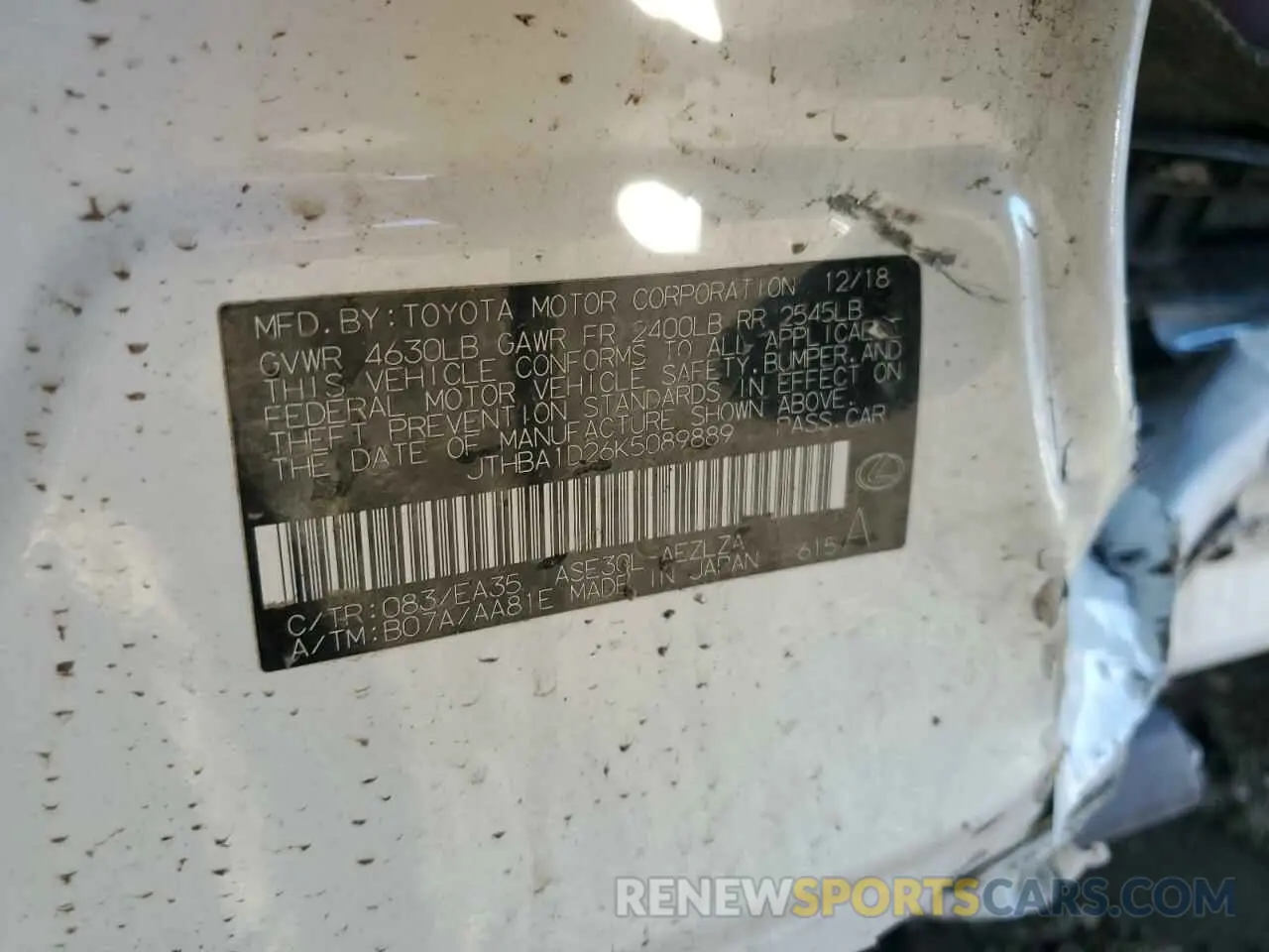 12 Photograph of a damaged car JTHBA1D26K5089889 LEXUS IS 2019