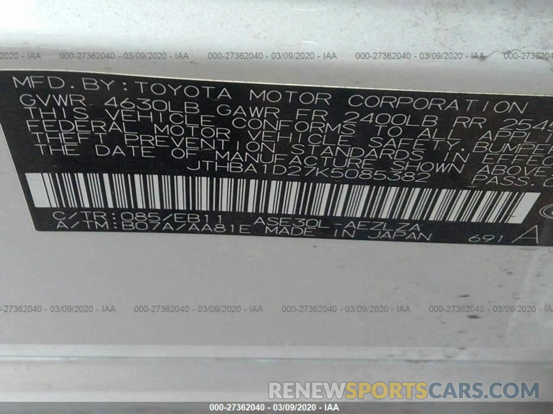 9 Photograph of a damaged car JTHBA1D27K5085382 LEXUS IS 2019