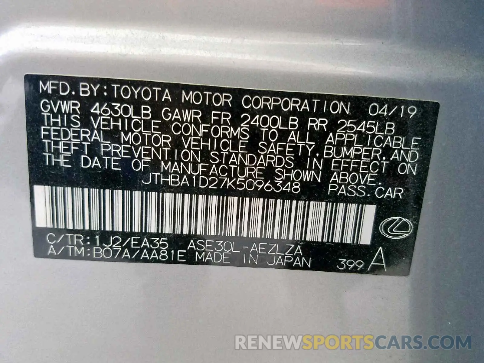 10 Photograph of a damaged car JTHBA1D27K5096348 LEXUS IS 2019