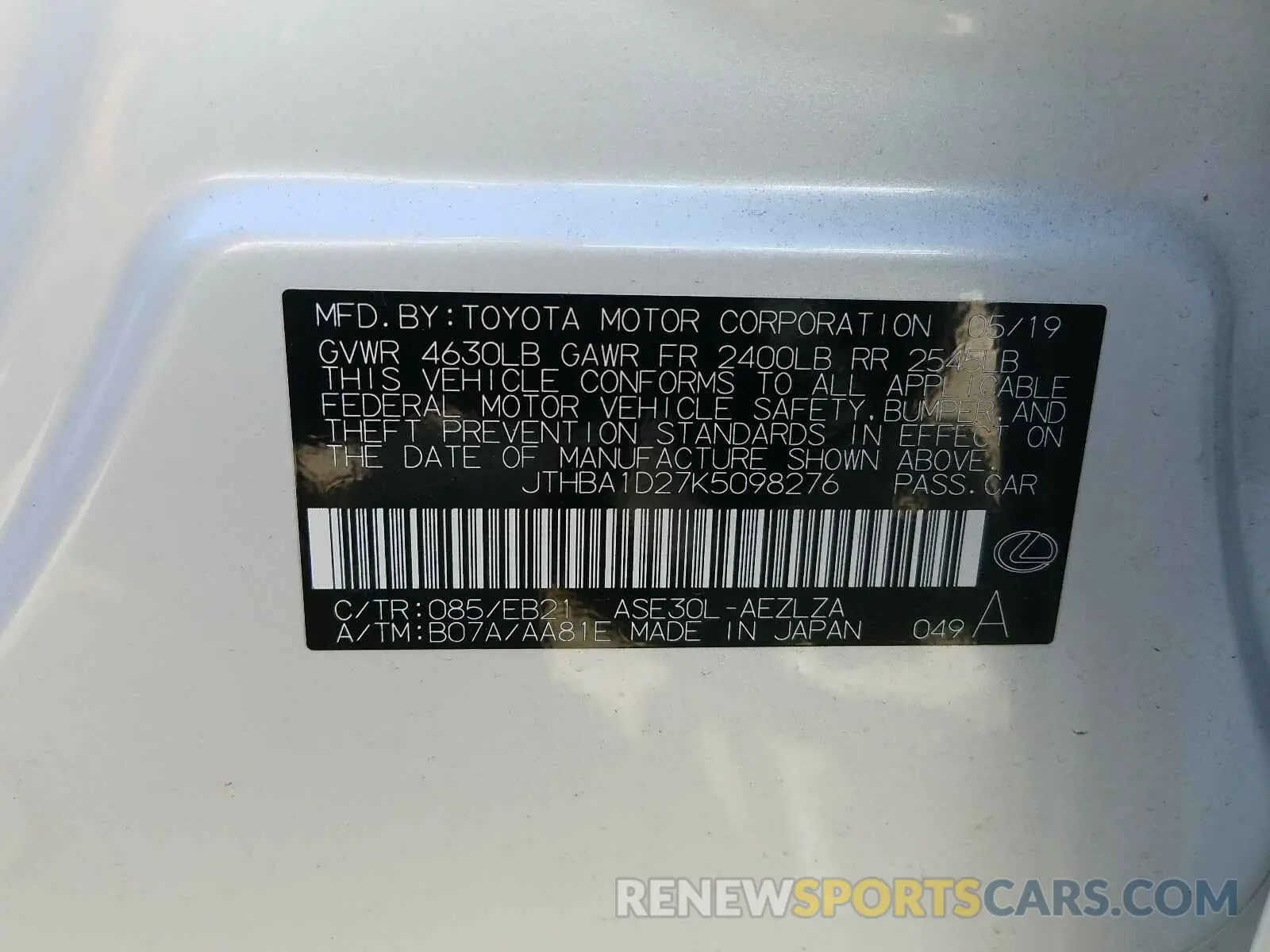 10 Photograph of a damaged car JTHBA1D27K5098276 LEXUS IS 2019