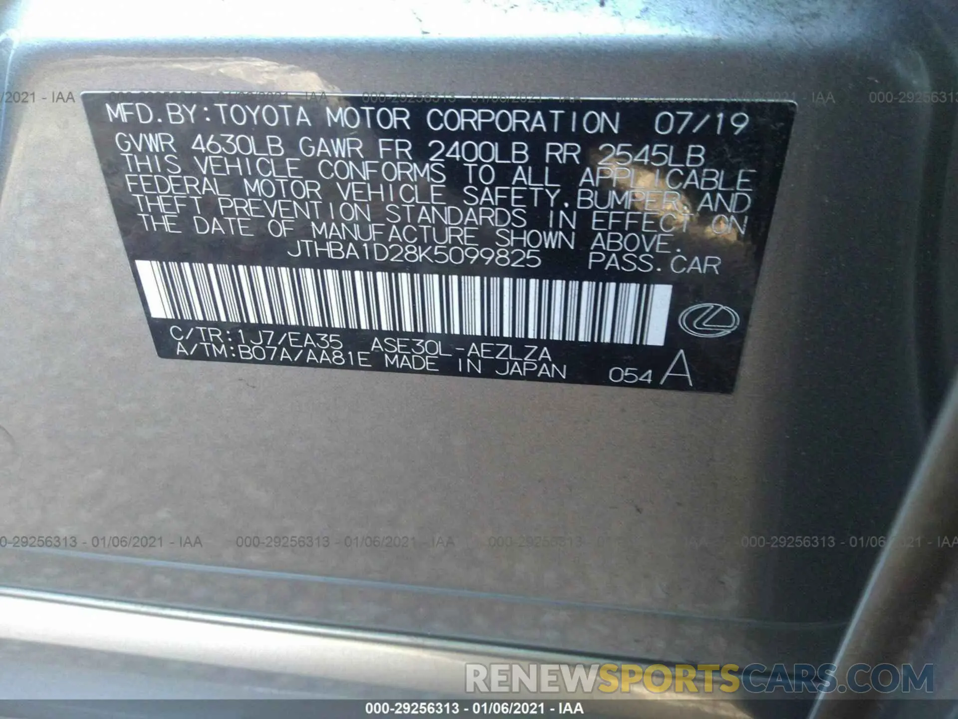 9 Photograph of a damaged car JTHBA1D28K5099825 LEXUS IS 2019