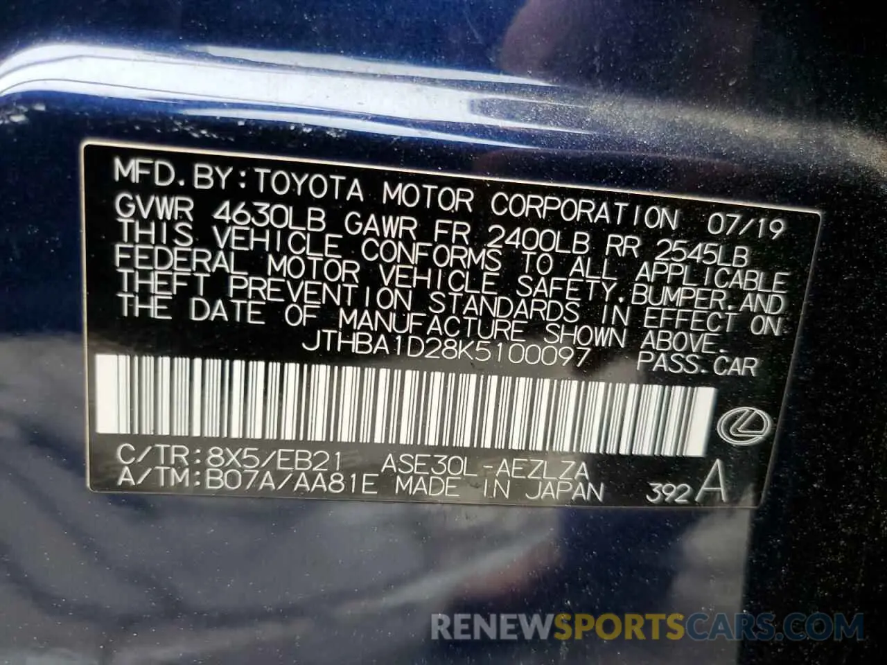 12 Фотография поврежденного автомобиля JTHBA1D28K5100097 LEXUS IS 2019