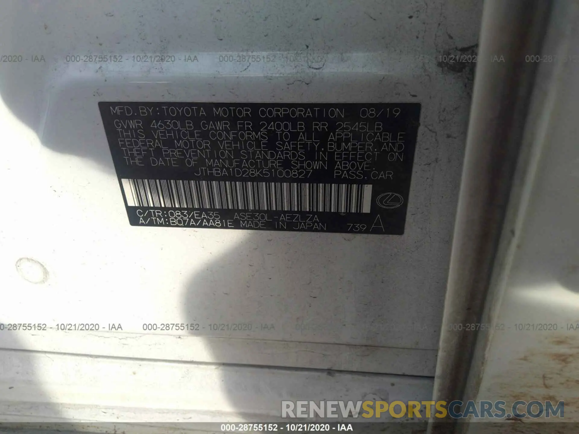 9 Photograph of a damaged car JTHBA1D28K5100827 LEXUS IS 2019