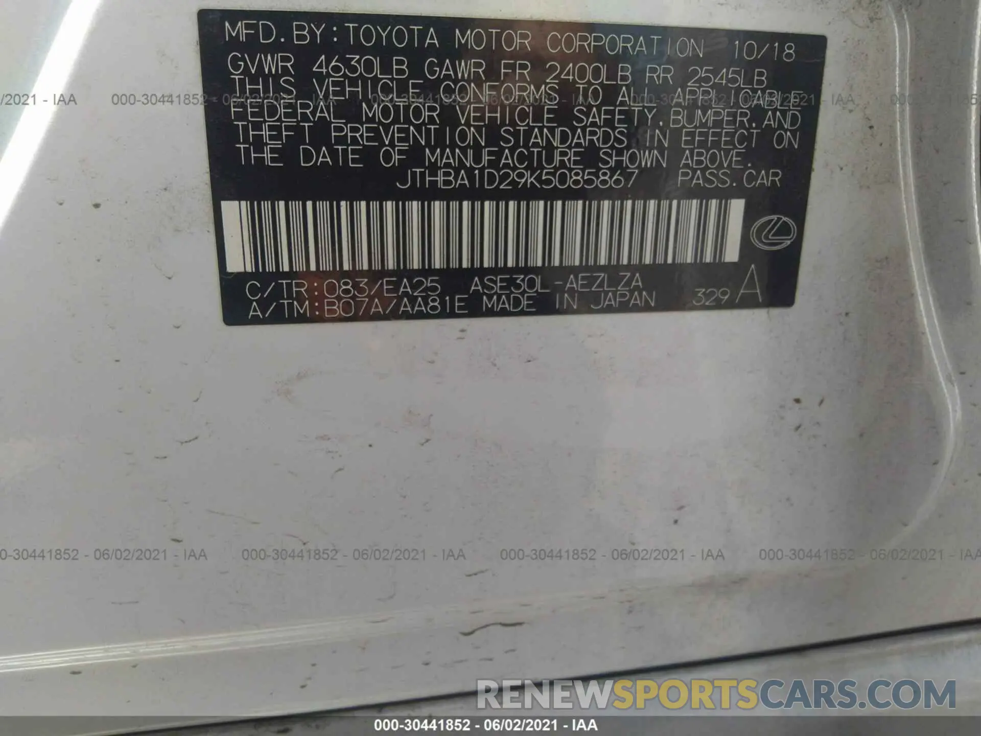 9 Photograph of a damaged car JTHBA1D29K5085867 LEXUS IS 2019