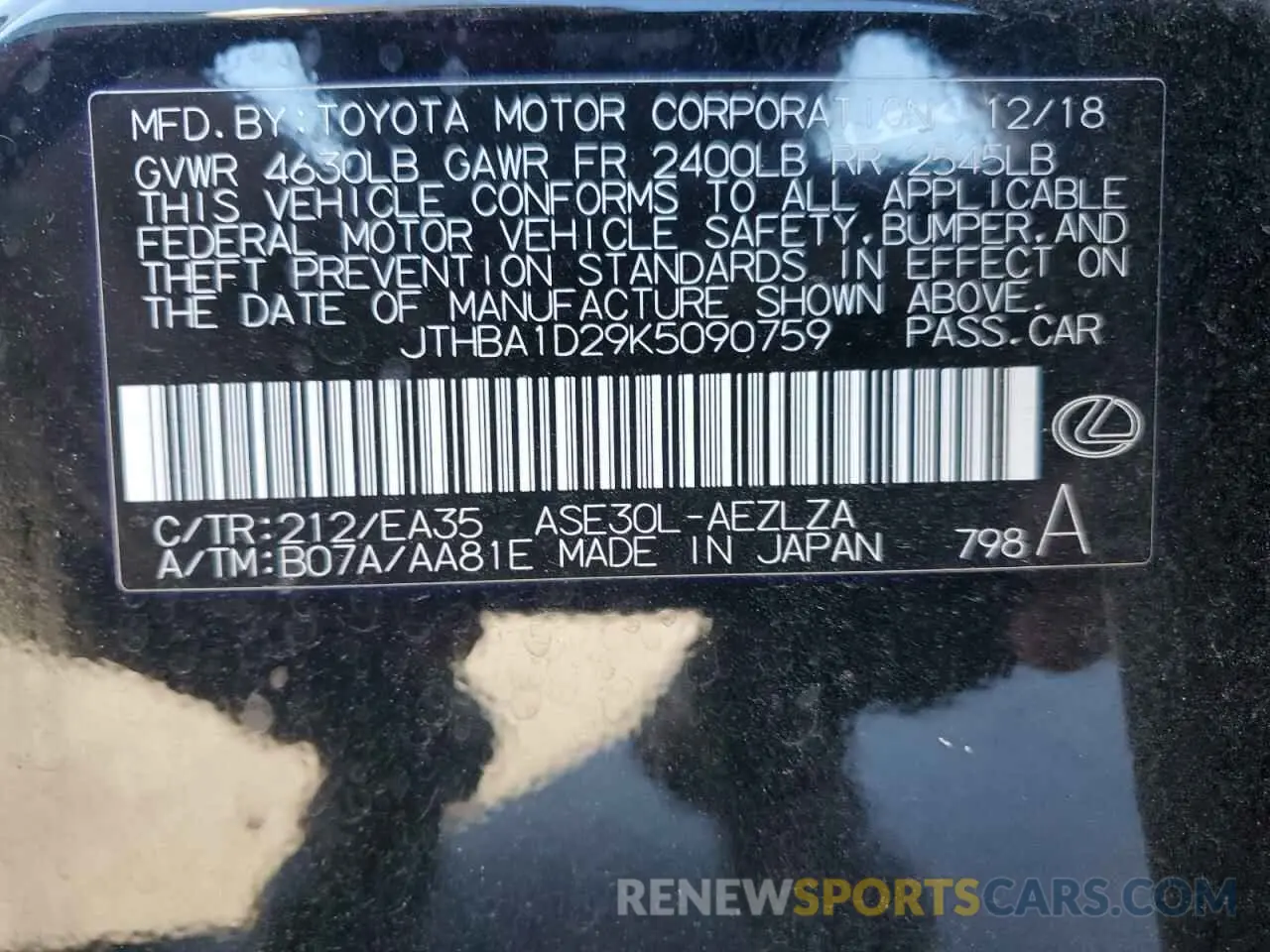 13 Photograph of a damaged car JTHBA1D29K5090759 LEXUS IS 2019