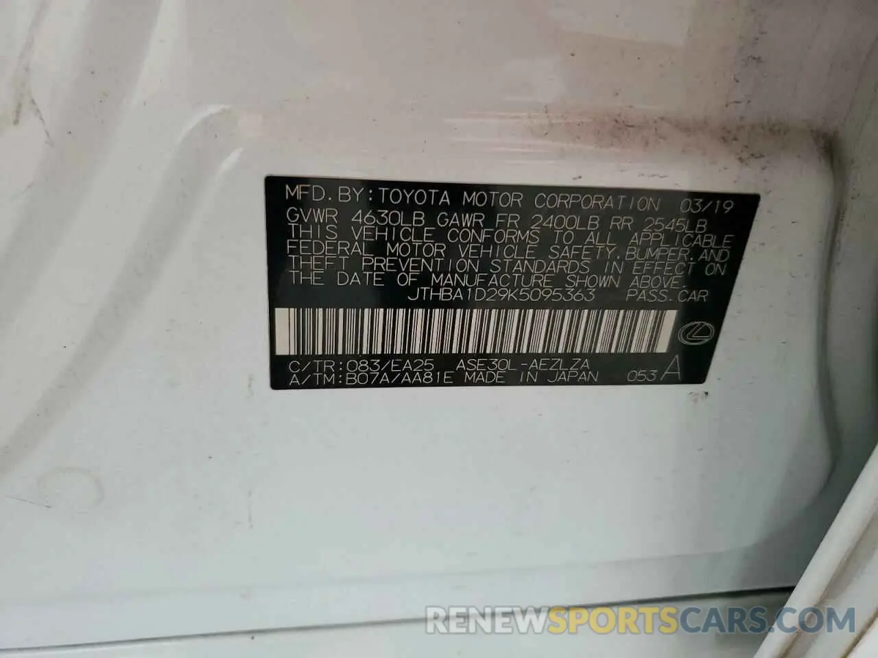 12 Фотография поврежденного автомобиля JTHBA1D29K5095363 LEXUS IS 2019