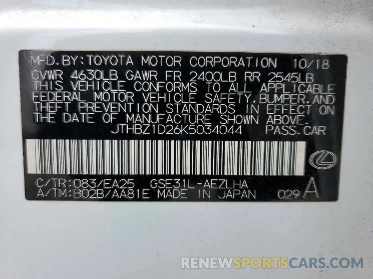 12 Фотография поврежденного автомобиля JTHBZ1D26K5034044 LEXUS IS 2019
