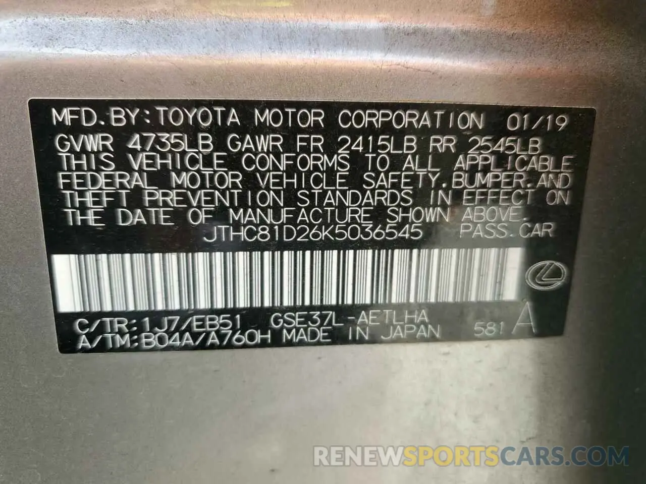 12 Фотография поврежденного автомобиля JTHC81D26K5036545 LEXUS IS 2019