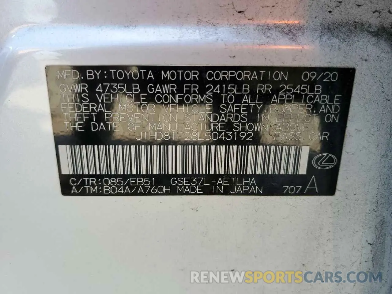 12 Photograph of a damaged car JTHD81F28L5043192 LEXUS IS 2020