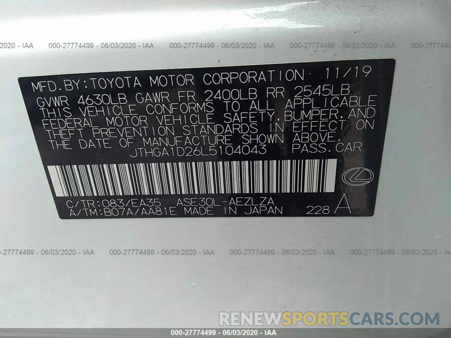 9 Фотография поврежденного автомобиля JTHGA1D26L5104043 LEXUS IS 2020