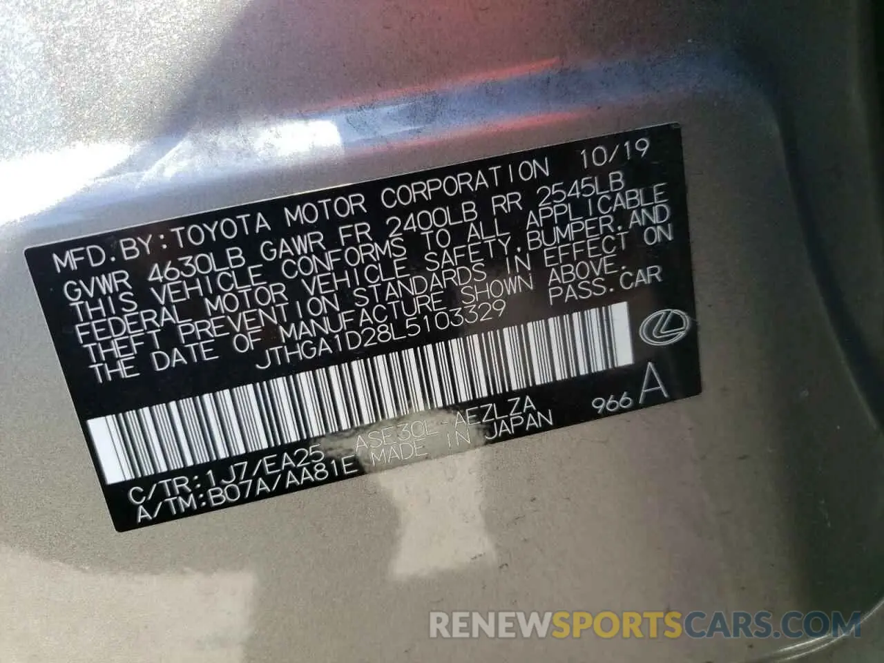 10 Фотография поврежденного автомобиля JTHGA1D28L5103329 LEXUS IS 2020
