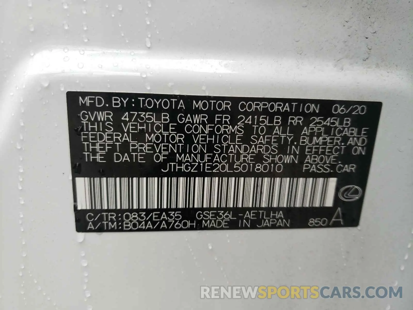 10 Photograph of a damaged car JTHGZ1E20L5018010 LEXUS IS 2020