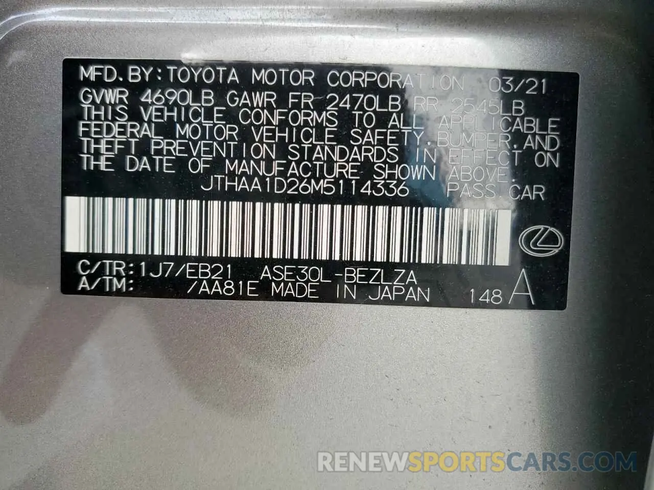 12 Фотография поврежденного автомобиля JTHAA1D26M5114336 LEXUS IS 2021