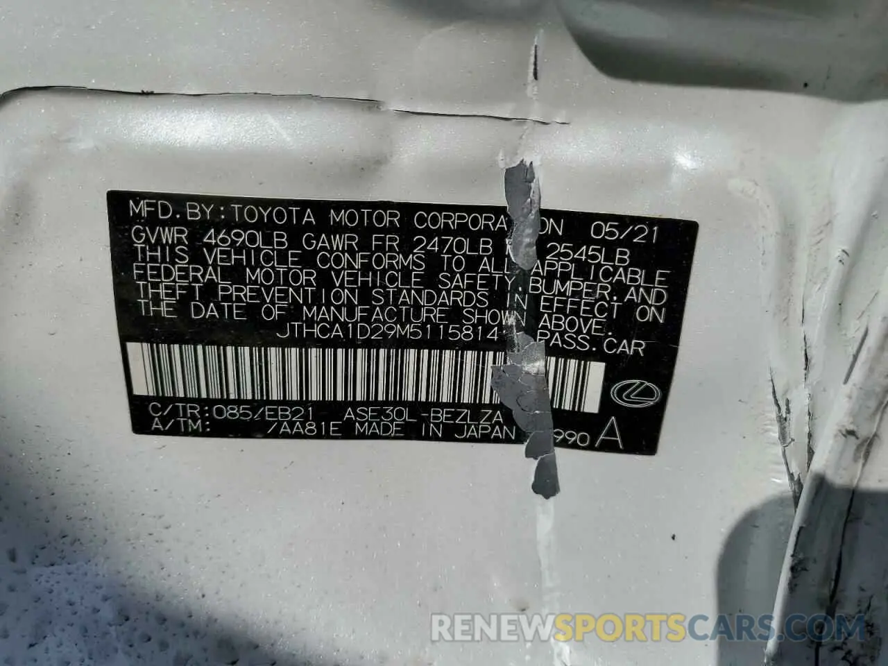 12 Фотография поврежденного автомобиля JTHCA1D29M5115814 LEXUS IS 2021