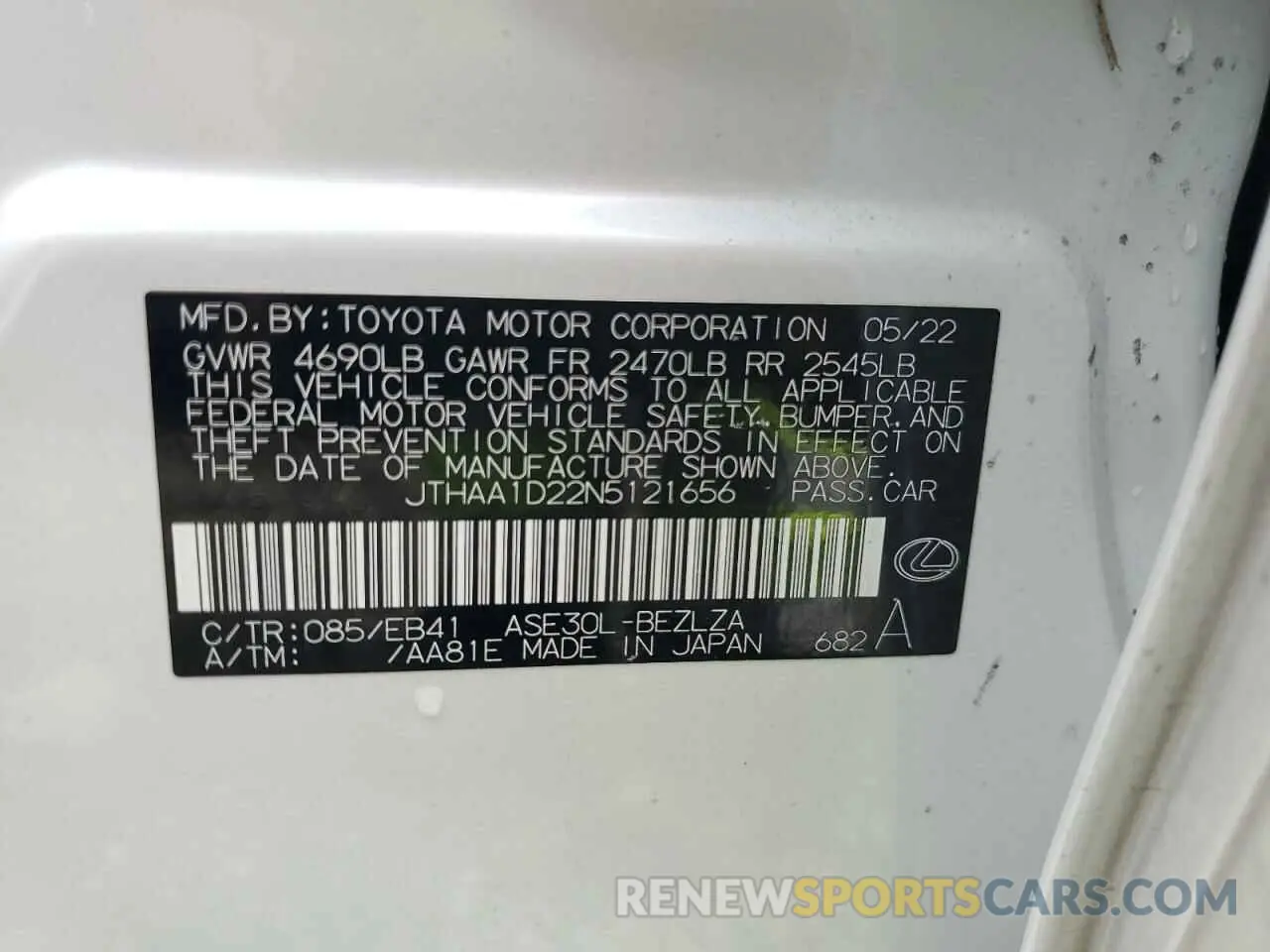 12 Photograph of a damaged car JTHAA1D22N5121656 LEXUS IS 2022