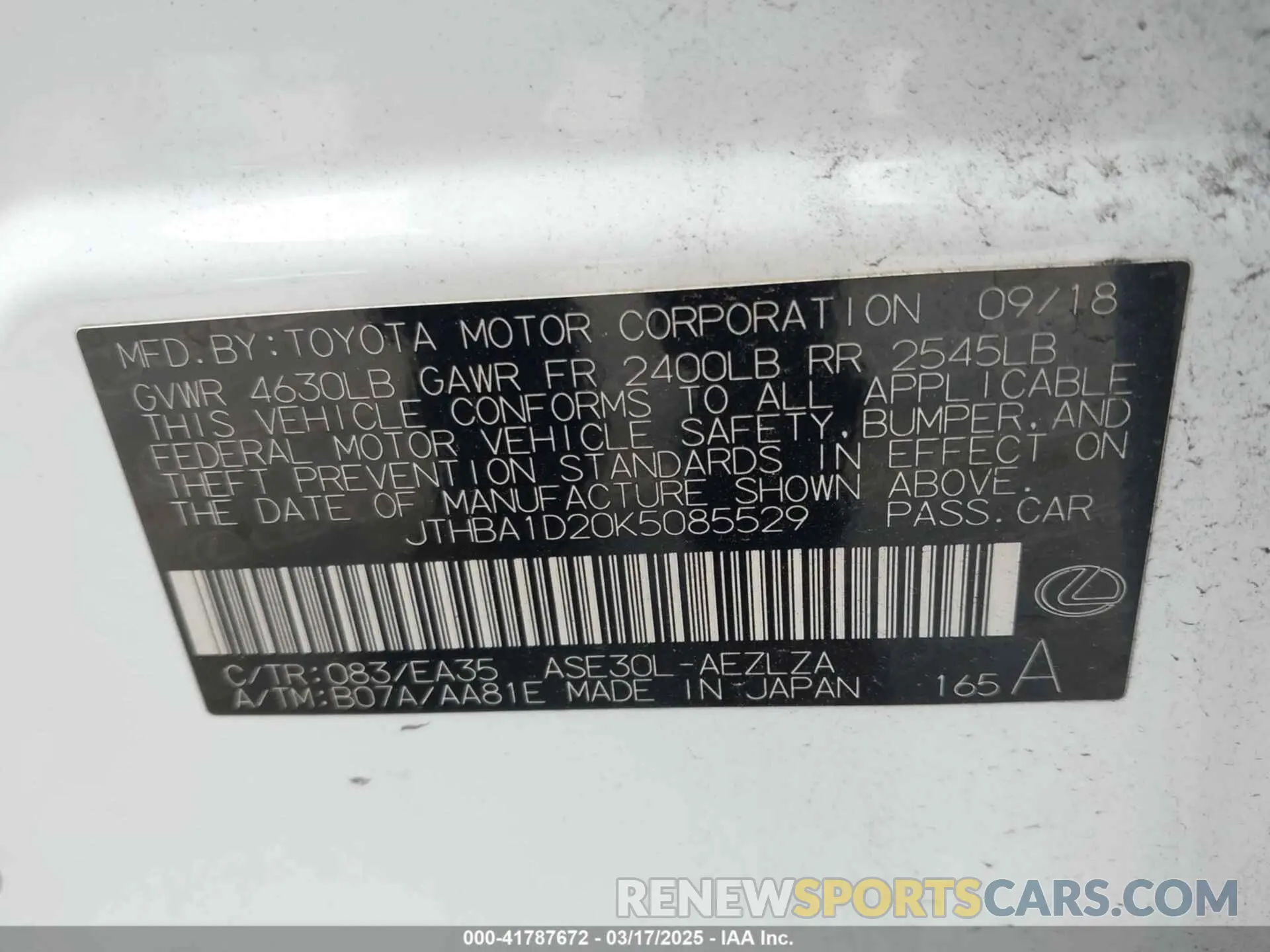 9 Photograph of a damaged car JTHBA1D20K5085529 LEXUS IS 300 2019