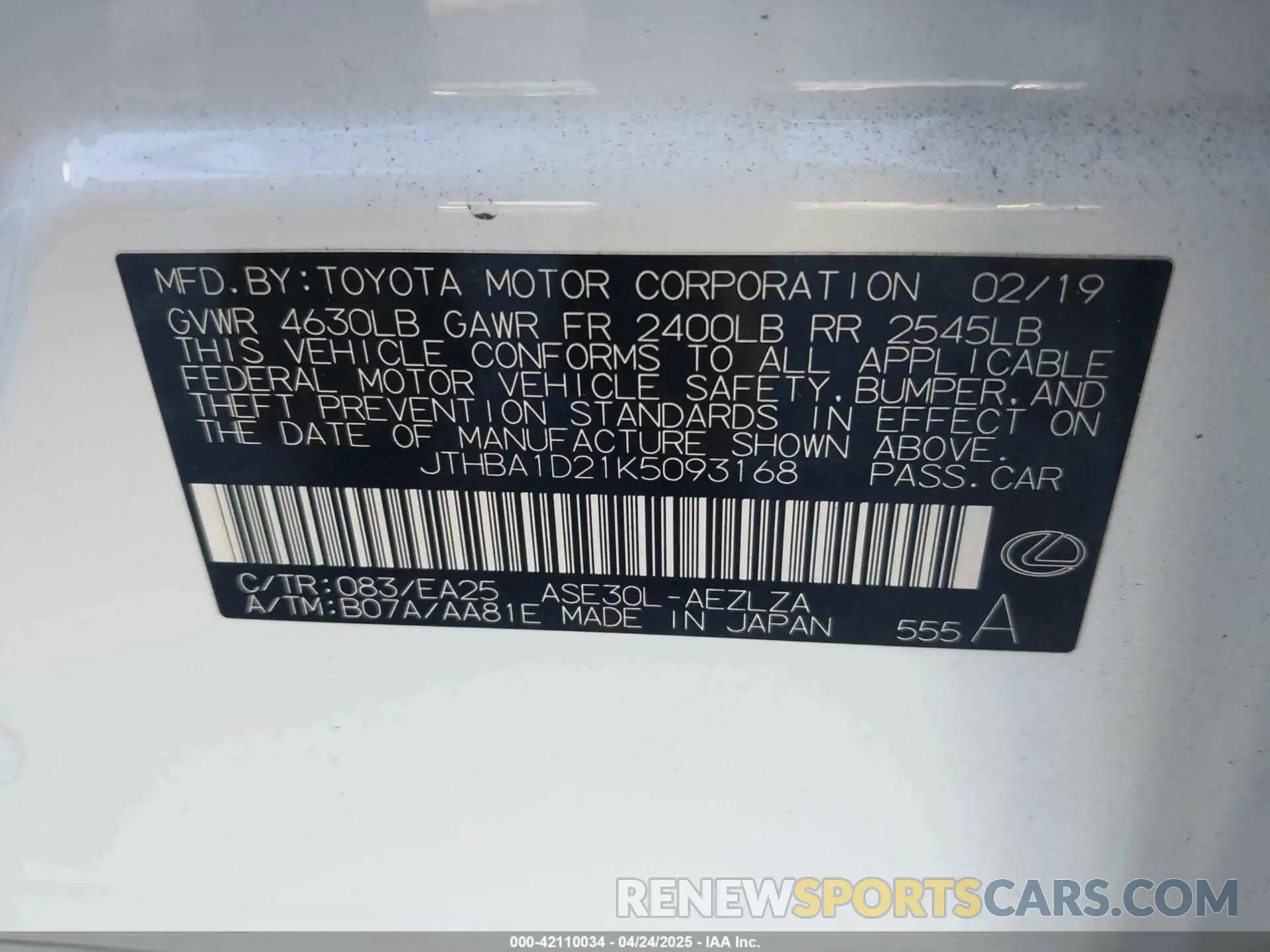 9 Фотография поврежденного автомобиля JTHBA1D21K5093168 LEXUS IS 300 2019
