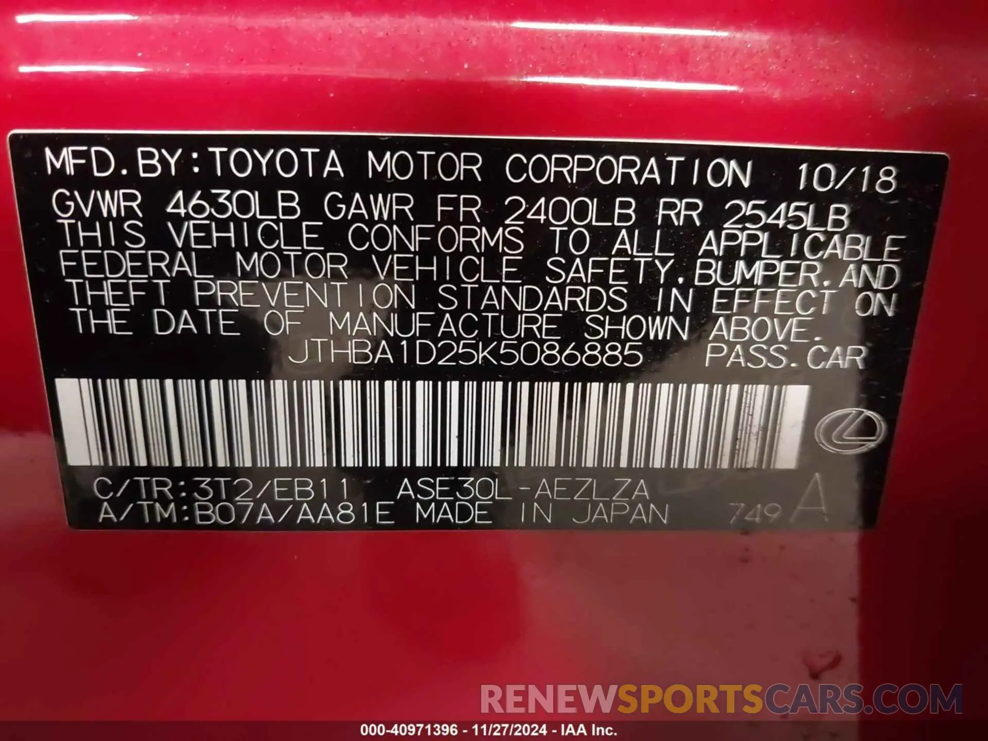 9 Photograph of a damaged car JTHBA1D25K5086885 LEXUS IS 300 2019