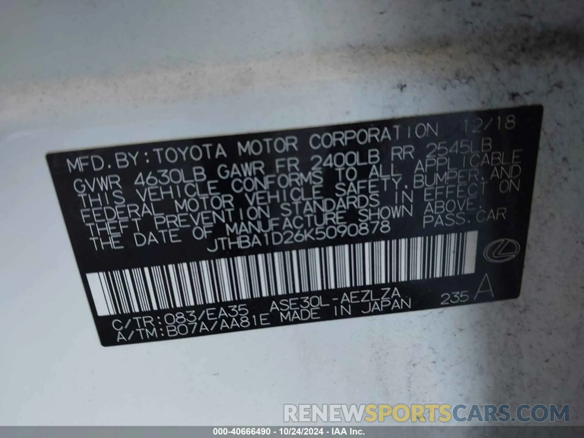 9 Фотография поврежденного автомобиля JTHBA1D26K5090878 LEXUS IS 300 2019