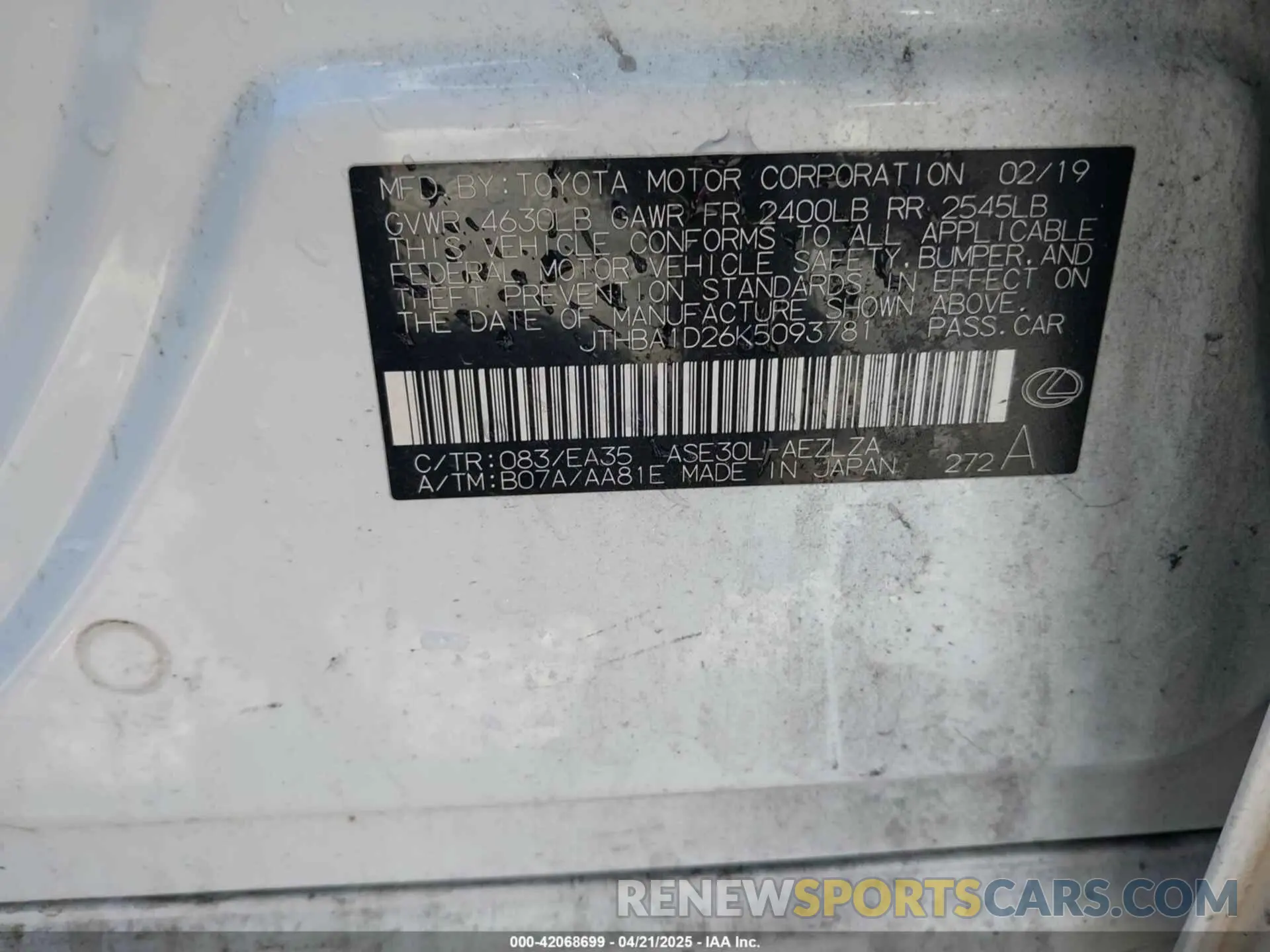 9 Photograph of a damaged car JTHBA1D26K5093781 LEXUS IS 300 2019