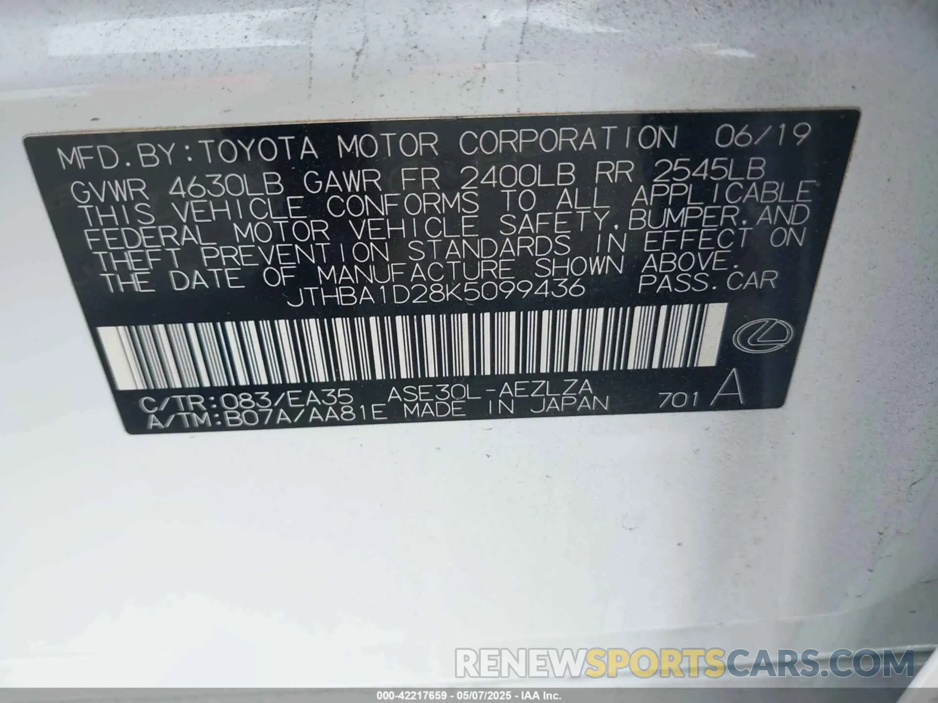 9 Фотография поврежденного автомобиля JTHBA1D28K5099436 LEXUS IS 300 2019