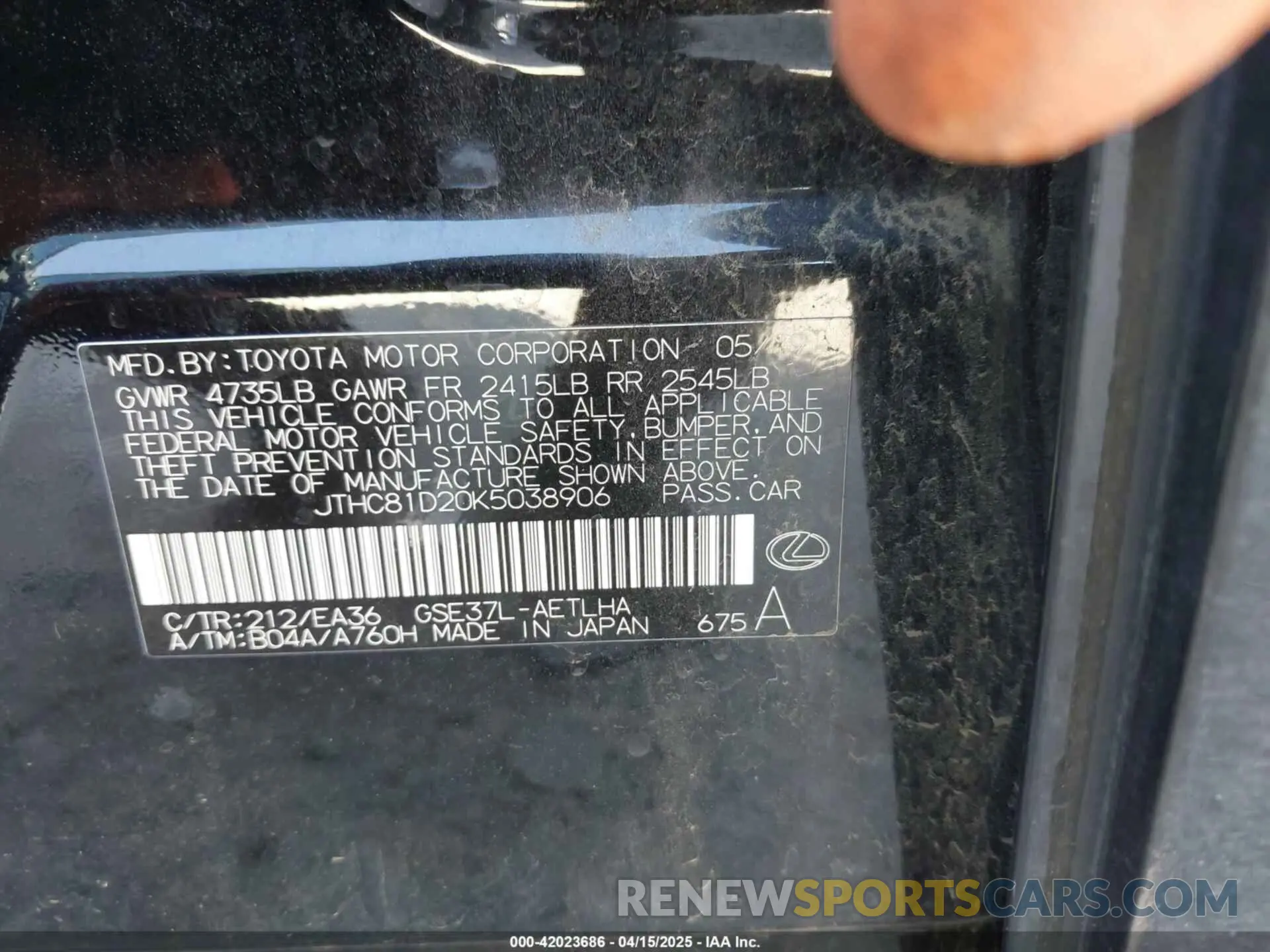9 Фотография поврежденного автомобиля JTHC81D20K5038906 LEXUS IS 300 2019