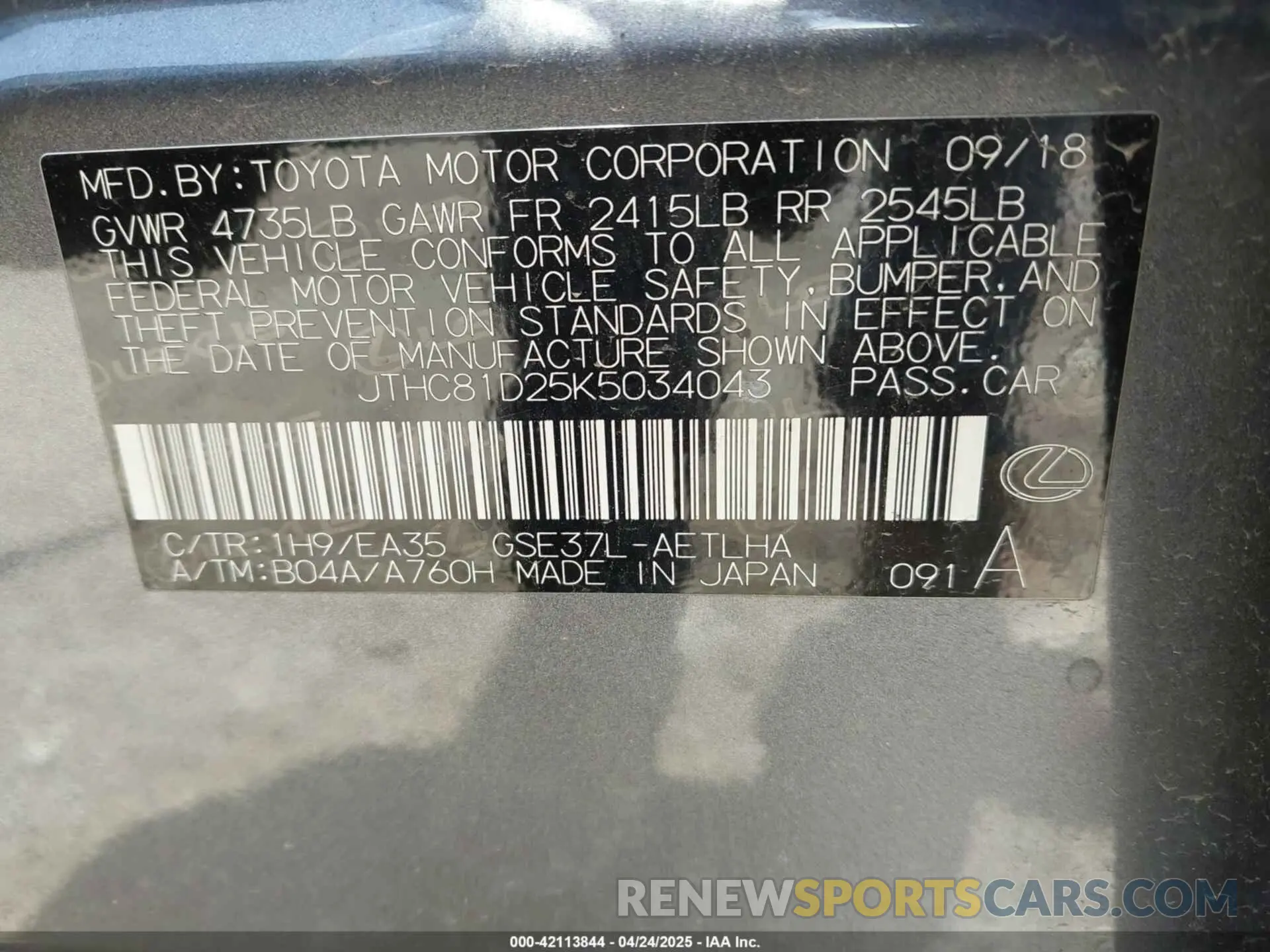 9 Photograph of a damaged car JTHC81D25K5034043 LEXUS IS 300 2019