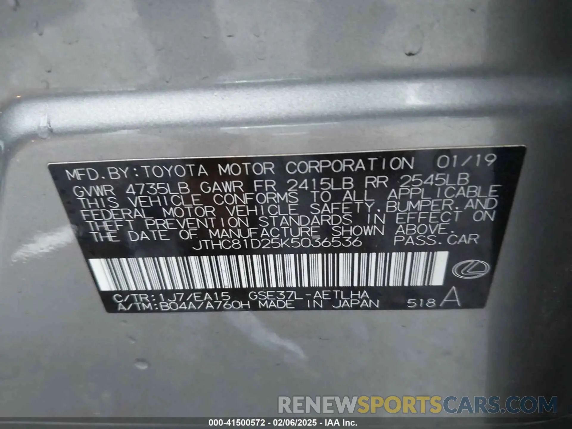 9 Фотография поврежденного автомобиля JTHC81D25K5036536 LEXUS IS 300 2019